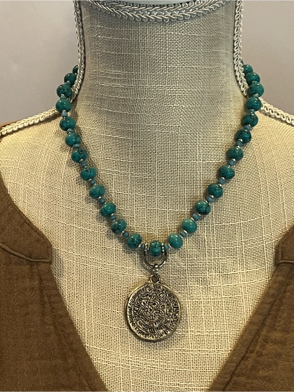 Turquoise Bead Necklace with Silver Medallion Pendant